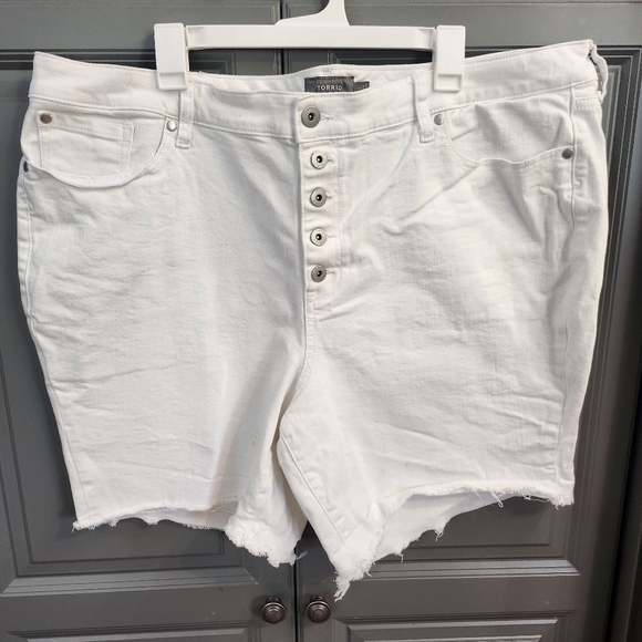 torrid Pants - Torrid White Jean Shorts with Button fly, Frayed Hem